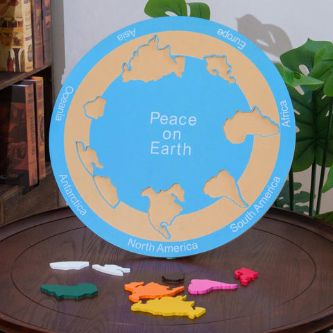 Big Hands On Seven Continents Puzzle Wooden World Map Board For Kids with labeled continents and removed knob pieces