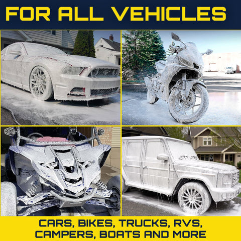 Car Wash Foam Gun And Foam Cannon For Garden Hose Scratch Free Suds Sprayer in action on car, motorcycle, ATV, and SUV