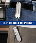 WORKPRO 2-pack folding utility knives with belt clips, silver metal bodies clipped to belt and pocket