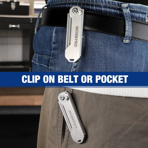 WORKPRO 2-pack folding utility knives with belt clips, silver metal bodies clipped to belt and pocket