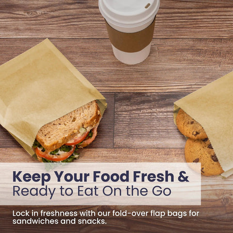 Greaseproof Paper Sandwich Bags 200 Pack 7 By 6 By 1 Inches Unbleached Brown Bags With Sandwich And Cookies Displayed