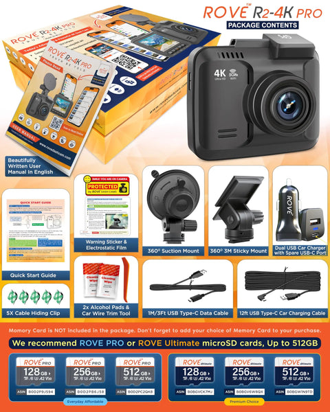4K UHD Dash Cam package with Built-In GPS, 5G WiFi, accessories, and 512GB MicroSD card support.