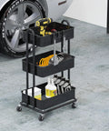 Beefy Steel Frame 3 Tier Metal Utility Rolling Cart with Black Finish for Home Garage Kitchen Organization, filled with tools and supplies.