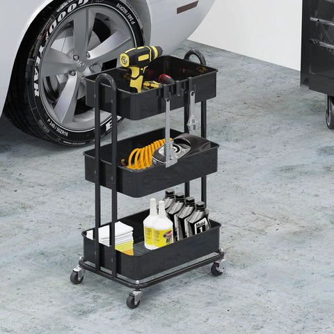 Beefy Steel Frame 3 Tier Metal Utility Rolling Cart with Black Finish for Home Garage Kitchen Organization, filled with tools and supplies.