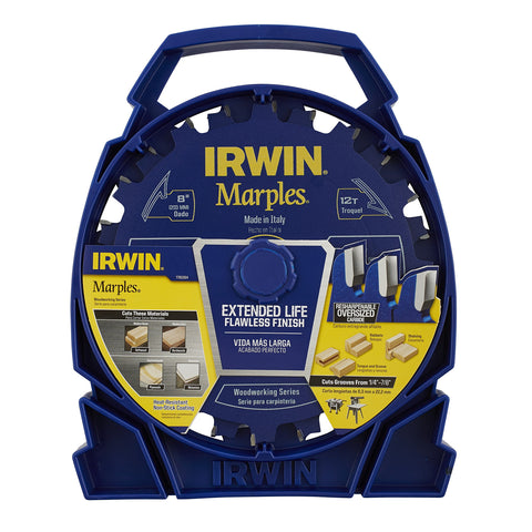 Packaging of 8-inch dado blade set with 12 teeth, showcasing features for woodwork by Irwin. Designed for precise cuts.