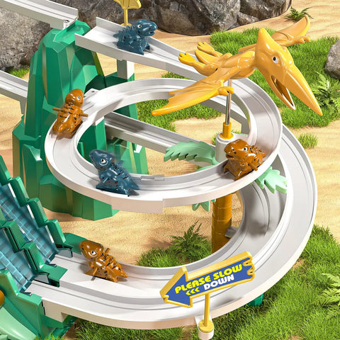 Dinosaur Climbing Slide Toy With Racing Track For Toddlers 3 4 5 6 7 8 Light Up Music Themed Car Track Set with dinosaur figures