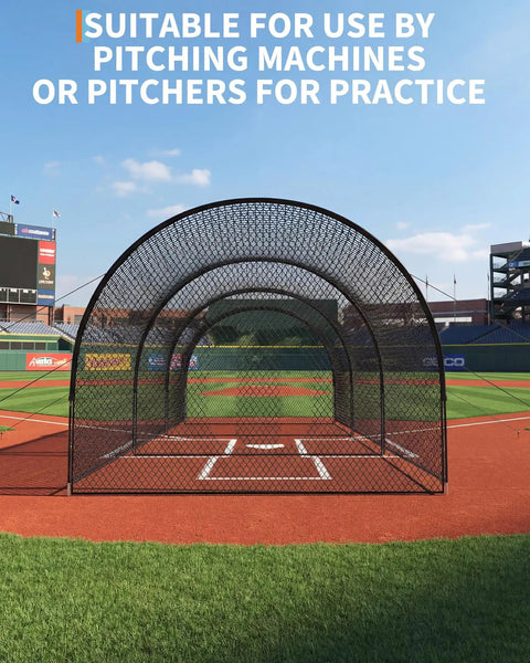 33 Ft Baseball Batting Cage With Frame And Net For Backyard Or Field Practice Hitting And Pitching on a baseball field