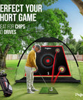 Golfer practicing with Full Swing Golf Practice Net 10x7 Ft For Backyards And Indoor Hitting With Mat in a backyard setting