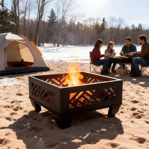 26 Inch Wood Burning Fire Pit With Cooking Grill And Spark Screen, Heavy Duty Steel Outdoor Firepit in snowy campsite setting