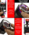 Image instructions for Killer Heavy Duty Self Inking Date And Time Stamp with step-by-step usage guide and dial adjustments.