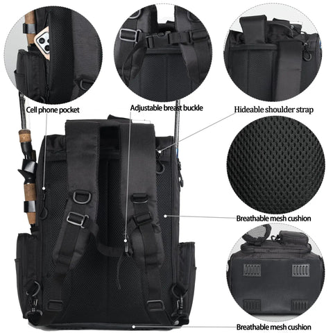 Back view of Fishing Tackle Backpack With Rod Holders 40L Large Gear Pack For All Day Fishing Camping And Hiking Water Resistant