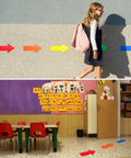 Child walking past 40 Piece 8 Inch Arrow Sticker Set Removable Adhesive Directional Floor Decals in bright colors on smooth floor.