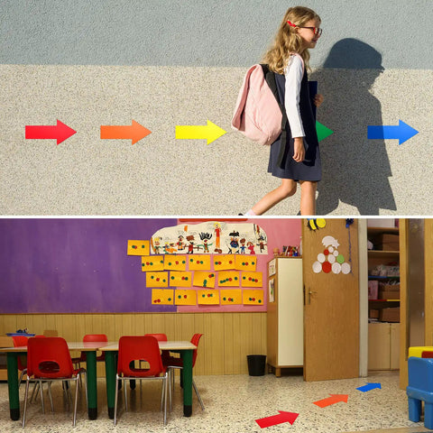 Child walking past 40 Piece 8 Inch Arrow Sticker Set Removable Adhesive Directional Floor Decals in bright colors on smooth floor.