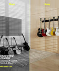 Guitar Wall Rack For Acoustic And Electric Guitars With Five Padded Arm Hangers And Adjustable Hangers Dual 24 Inch Slatwall Rails Black Wall Mount Organizer Made In USA with guitars displayed.