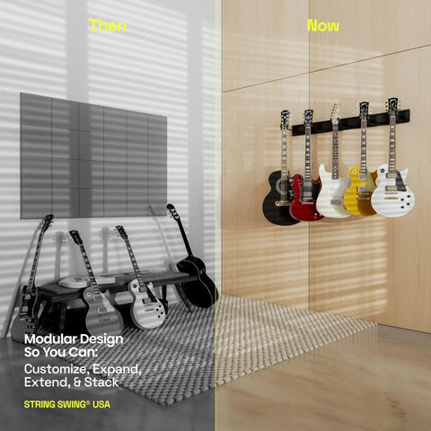 Guitar Wall Rack For Acoustic And Electric Guitars With Five Padded Arm Hangers And Adjustable Hangers Dual 24 Inch Slatwall Rails Black Wall Mount Organizer Made In USA with guitars displayed.