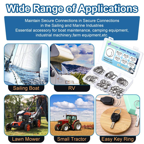66 Piece Stainless Steel Cotter Ring Kit In 5 Sizes With 316 Grade Pins in storage case with images of sailing boat, RV, mower, tractor, and key ring.
