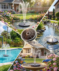 3.7W Solar Bird Bath Fountain with Upgraded 6.3 Inch Glass Panel in various garden and pool settings
