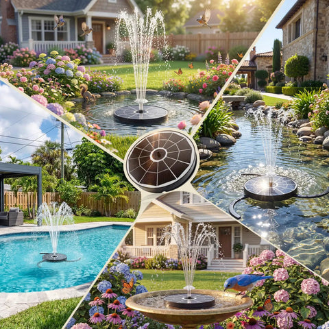 3.7W Solar Bird Bath Fountain with Upgraded 6.3 Inch Glass Panel in various garden and pool settings