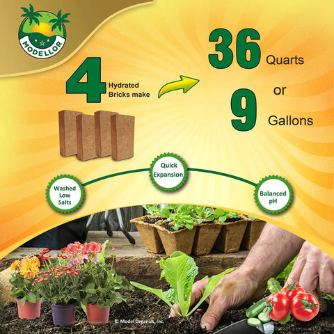 Four 1.25 Lb Coco Coir Bricks Expand To Nine Gallons, Ultra-Pure No-Rinse Seed Starter Mix, illustrated instructions with plants.
