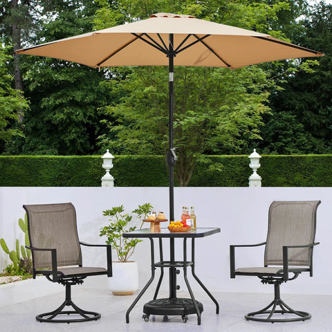 Heavy Duty Round Umbrella Base With 4 Lockable Rolling Wheels And 2 Knobs, 45 Lb Weatherproof Resin Iron Stand For 20 Inch Market Patio Umbrellas in garden setting