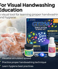 Germ Transfer Visualization Kit With Glow In The Dark Powder And Gel box with handwashing image demonstrating germ spread.