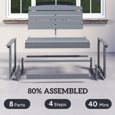 Assembly parts of Two Person Outdoor Glider Bench For Backyards And Patios In Weather Resistant HDPE Distressed Gray.