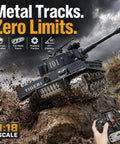 1:18 Tiger RC Tank with metal tracks on rocky terrain, remote control in hand, realistic military battle toy for skirmishes