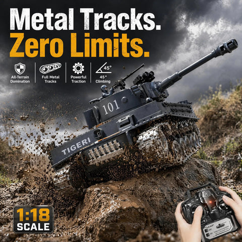 1:18 Tiger RC Tank with metal tracks on rocky terrain, remote control in hand, realistic military battle toy for skirmishes