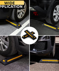 Heavy Duty Rubber Parking Guide Set For Home Garage Two Pack Tough Car Wheel Stopper With Reflective Yellow Tape For Night Visibility And Safe Parking On Any Surface shown in different car parking situations.