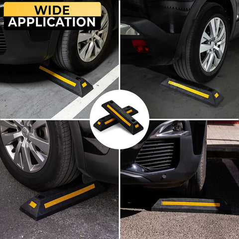 Heavy Duty Rubber Parking Guide Set For Home Garage Two Pack Tough Car Wheel Stopper With Reflective Yellow Tape For Night Visibility And Safe Parking On Any Surface shown in different car parking situations.