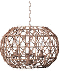 Rustic Woven Pendant Light Fixture Tan With Rope Shade Boho Three Light Ceiling Lamp 14.5 Inch High 20 Inch Wide Six Foot Chain
