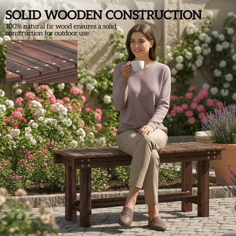 Woman sitting on 35.4 Inch Wooden Garden Bench With Storage Shelf For Patio And Balcony Two Seater Outdoor Bench In Carbonized Wood