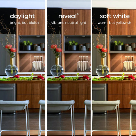 Comparison of daylight, reveal, and soft white lighting effects in a modern kitchen setting with red flowers and wooden cabinets.