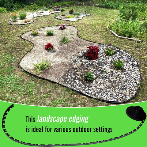 2.5 Inch Tall Black Landscape Edging Kit With 100 Ft Roll bordering flower beds in a garden setting