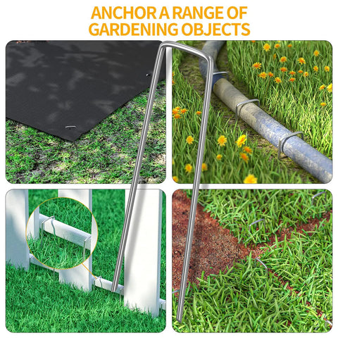 6 Inch Landscape Staples 50 Pack Pro Grade Galvanized Garden Stakes for securing landscape fabric, hoses, and turf close-up view
