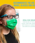 Child wearing green mask and face shield with glasses frame. Kids Face Shields With Glasses Frames Case Of 200 Includes 40 Of Each Color Green Yellow Blue Red Clear Anti Fog PET Plastic Full Face Protection For Eyes Nose And Mouth With Comfortable Inside Frames.