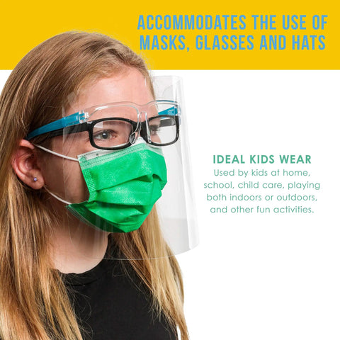 Child wearing green mask and face shield with glasses frame. Kids Face Shields With Glasses Frames Case Of 200 Includes 40 Of Each Color Green Yellow Blue Red Clear Anti Fog PET Plastic Full Face Protection For Eyes Nose And Mouth With Comfortable Inside Frames.