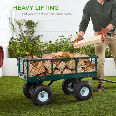 Beast Of A Heavy-Duty Garden Cart With Flatbed Conversion, 400Lb Capacity carrying firewood on grass with removable sides