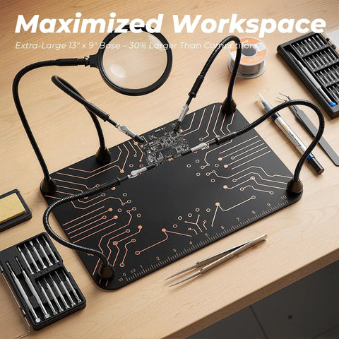All-in-One Soldering Stand With Four Handy Helping Hands And 5X Magnifier on workbench with tools