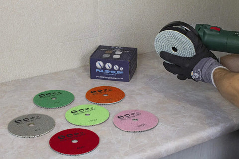 5 Inch Diamond Polishing Pads Wet Dry Set for Marble Quartz Granite Concrete, 8 piece kit with various grits on countertop