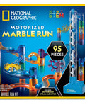 Product box showing Motorized Marble Run With Elevator And Spiral Lift, 95 Piece STEM Toy Kit, National Geographic branding