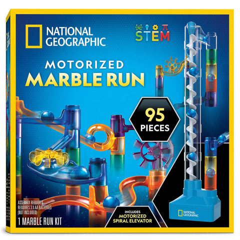 Product box showing Motorized Marble Run With Elevator And Spiral Lift, 95 Piece STEM Toy Kit, National Geographic branding