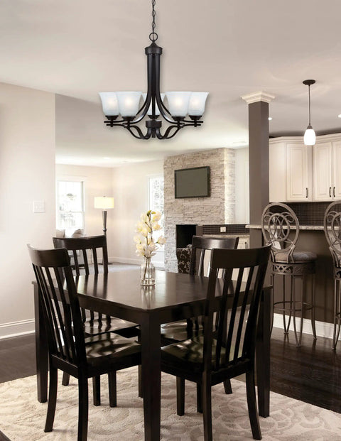 Five Light Indoor Chandelier In Oil Rubbed Bronze Finish With White Alabaster Glass For Living Room Or Foyer