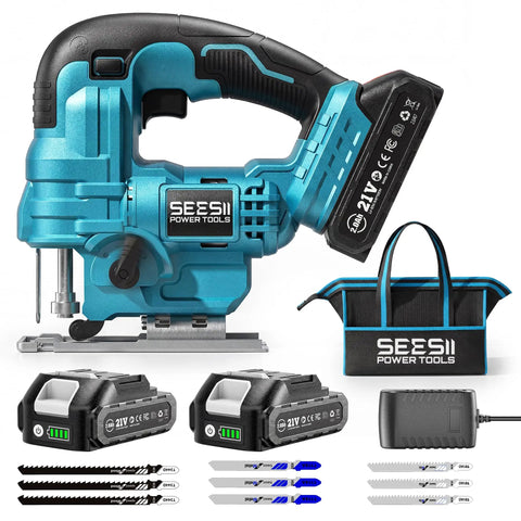 Cordless Jigsaw With Dual 21V 2Ah Batteries And Charger, Workhorse For Wood Projects, Bevel Up To 45 Degrees, 4 Orbital Actions