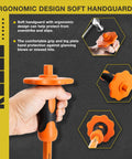 Hand gripping Beefy Heavy Duty 12 Inch Chisel Set with Hand Guard, showing orange shock-absorb handle design and ergonomic protector.