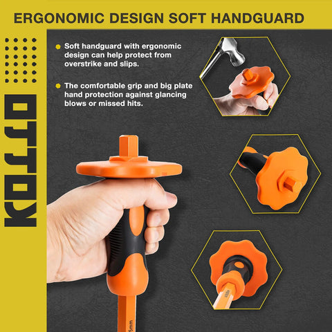 Hand gripping Beefy Heavy Duty 12 Inch Chisel Set with Hand Guard, showing orange shock-absorb handle design and ergonomic protector.