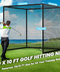 Golfer using Golf Practice Hitting Net For Backyard Driving Range And Garage Batting Cage, 10 x 10 x 10 Ft, Heavy Duty 5 Layer Polyester Mesh With Roped Edges, Indoor Outdoor, Ideal For Golf Simulators, Frame Not Included.