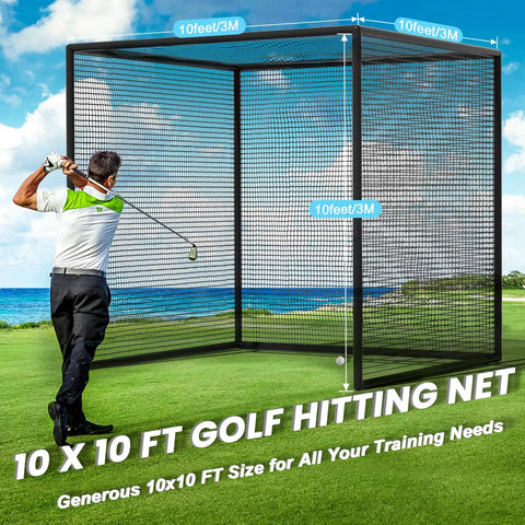 Golfer using Golf Practice Hitting Net For Backyard Driving Range And Garage Batting Cage, 10 x 10 x 10 Ft, Heavy Duty 5 Layer Polyester Mesh With Roped Edges, Indoor Outdoor, Ideal For Golf Simulators, Frame Not Included.