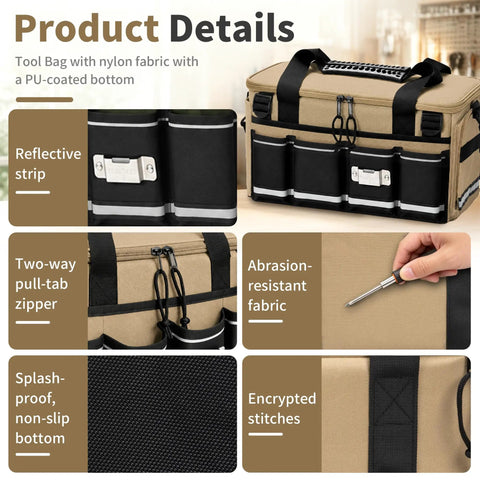 Hella Tough 14 Inch Heavy Duty Tool Bag Featuring Beefy Reinforced Fabric And Massive Main Compartment For Power Tools Measuring Instruments And Blueprints Pro Level 17 Pocket Workhorse Organizer