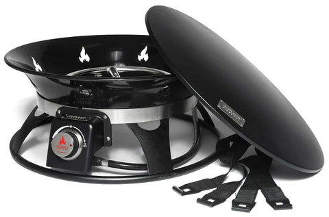 Portable Propane Fire Pit 21 Inch Smokeless Gas Firebowl With 58,000 BTU No Mess Campfire, lid and carry straps visible